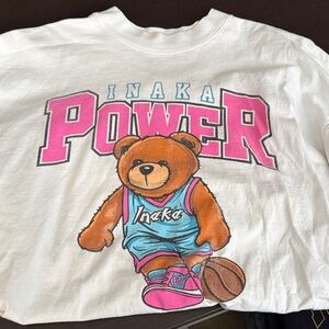 Inaka Power White Tee with Pink and Blue Bear Graphic